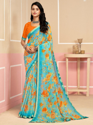 Divastri Floral Print, Geometric Print, Digital Print, Printed Bollywood Chiffon Saree(Blue)
