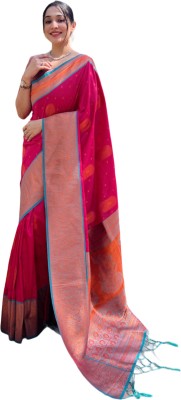 Elite Weaves Woven Kanjivaram Silk Blend Saree(Pink)