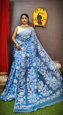 HouseOfCommon Woven Jamdani Cotton Silk Saree(Dark Blue)