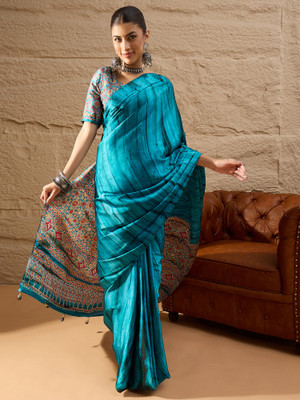 Sareemall Printed Hand Batik Crepe Saree(Light Blue)