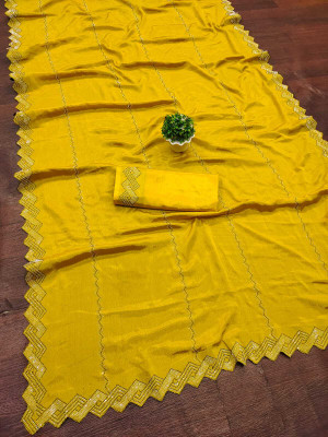sejufashion Solid/Plain Bollywood Chiffon Saree(Yellow)