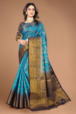 Vastrame Woven Banarasi Jacquard, Pure Silk Saree(Light Blue, Blue)