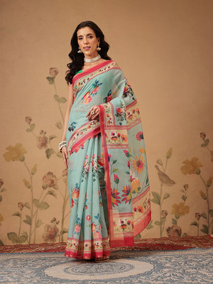 SILK ZONE Digital Print Chanderi Cotton Blend Saree(Light Blue)