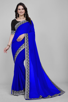 Aai shree khodiyar Solid/Plain, Self Design Daily Wear Georgette Saree(Dark Blue)