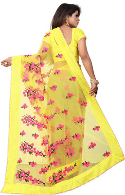 Elegance Avenue Floral Print Bollywood Net Saree(Yellow)
