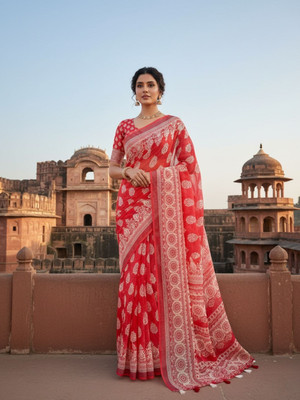 rujave Printed, Floral Print, Paisley Bollywood Linen Saree(Red)