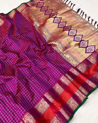 VISVASTA Self Design, Checkered Banarasi Cotton Silk, Jacquard Saree(Purple)