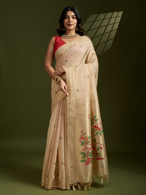 PeachPetals Floral Print, Self Design, Woven Banarasi Cotton Blend Saree(Cream)