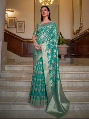 odette Woven Saree with Attached Blouse Silk Blend Saree(Green)