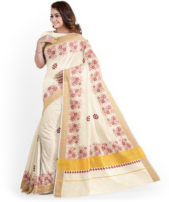 Chithra Fabrics Printed Kasavu Pure Cotton Saree(Cream)