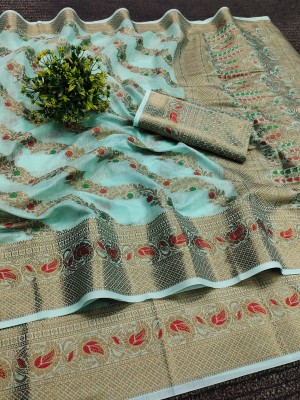 nikchi hub Floral Print Kanjivaram Cotton Silk Saree(Light Blue)