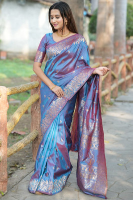 ROOP LAVANYA Woven Kanjivaram Cotton Linen, Jacquard Saree(Blue, Purple)