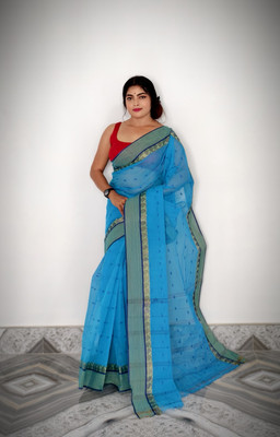 REBASAREECENTRE Solid/Plain, Woven Tant Pure Cotton Saree(Light Blue)