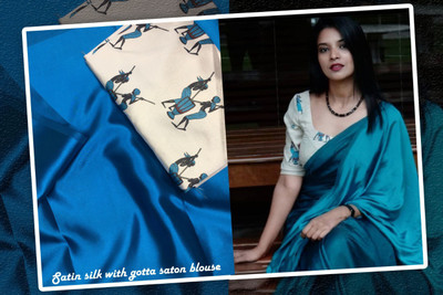 Arpita Fashion Color Block, Solid/Plain Bollywood Satin Saree(Blue)