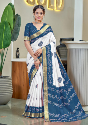 Divastri Blocked Printed, Printed Chanderi Cotton Blend Saree(White, Grey)