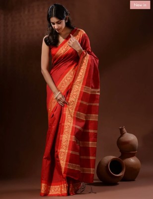 matri textile Color Block Handloom Cotton Silk Saree(Red)