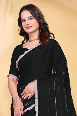 PATDOM Solid/Plain Bollywood Jimmy choo Saree(Black)