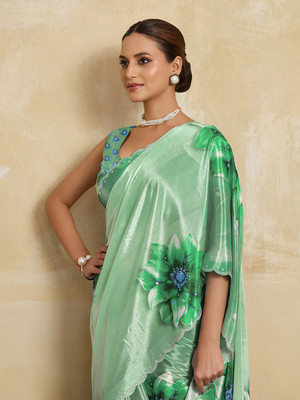 BFM Floral Print Bollywood Silk Blend Saree(Green)