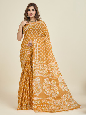 Jevi Prints Printed Daily Wear Pure Cotton Saree(Mustard)