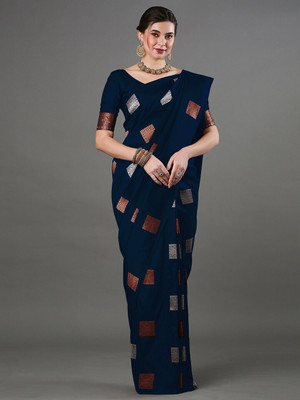 ETHNICHITZ Woven Kanjivaram Silk Blend, Jacquard Saree(Dark Blue)