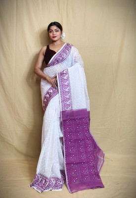 SPFashion Woven Jamdani Cotton Silk Saree(White, Purple)