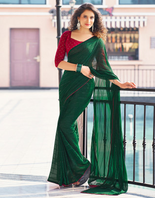 Samah Embellished, Solid/Plain Bollywood Georgette Saree(Dark Green)