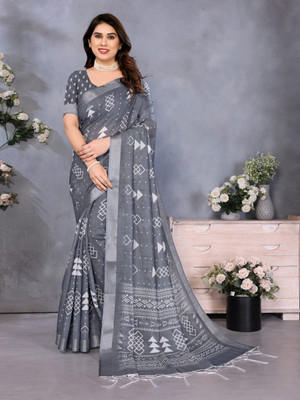 Millstar Digital Print Bollywood Cotton Linen, Art Silk Saree(Grey)