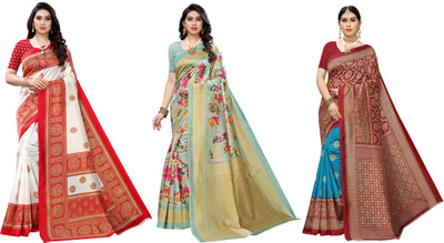 Nirvaan Printed Kasavu Art Silk Saree(Pack of 3, Red, Light Green, Blue)