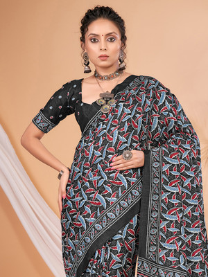 Divastri Digital Print Chanderi Silk Blend Saree(Black)