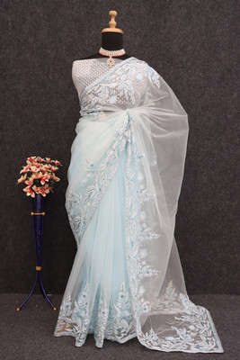 MADHAV Embroidered Bollywood Net Saree(Blue)