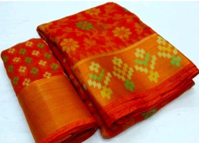 Suali Floral Print Bollywood Cotton Linen Saree(Red)