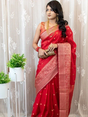 Bansari Textiles Self Design, Embellished Bollywood Cotton Linen Saree(Red)