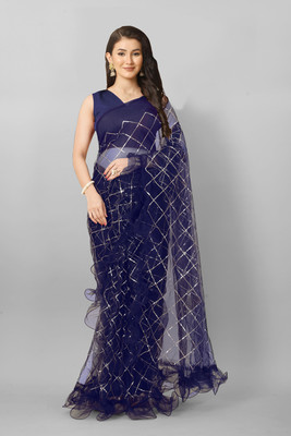 PRATHA FAB Embroidered Bollywood Net Saree(Dark Blue)