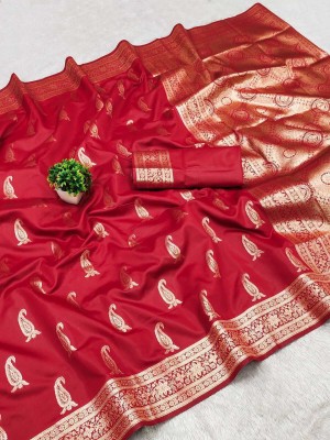 DURGA TEXTILE Printed, Self Design, Floral Print, Embellished, Woven Kanjivaram Silk Blend, Jacquard Saree(Pack of 2, Red)