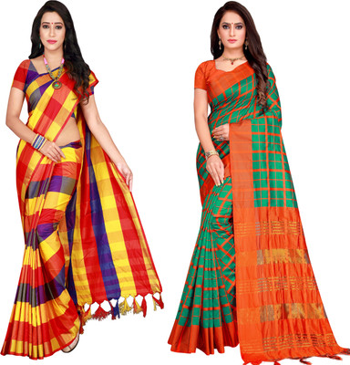 PRIYANSH CREATION Checkered Bollywood Cotton Silk Saree(Pack of 2, Multicolor)