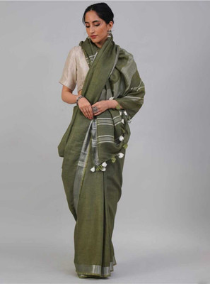EthinicSpecial Woven Handloom Cotton Linen Saree(Light Green)