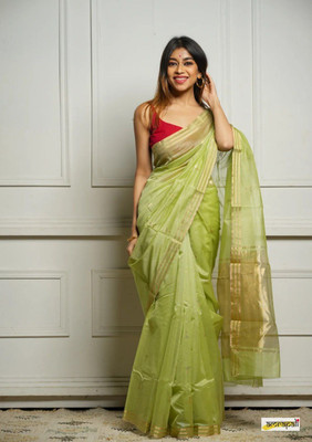 Spetila Woven Handloom Pure Cotton, Cotton Blend Saree(Green)