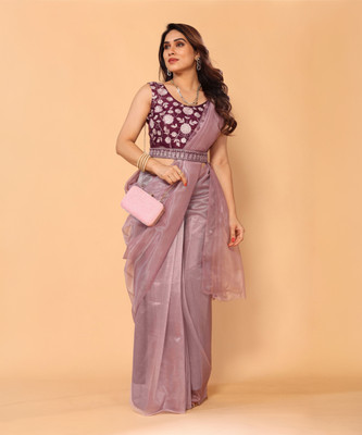 DWINIZAA STORE Solid/Plain, Embellished, Embroidered Bollywood Net Saree(Purple)