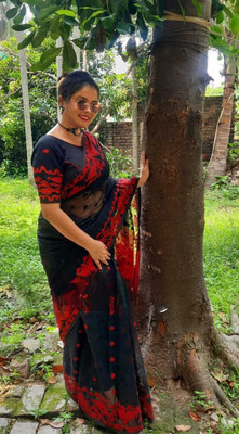 SP Boutique Embroidered Jamdani Cotton Silk Saree(Black, Red)