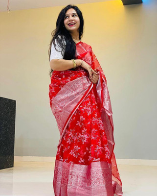 Bansari Textiles Embellished, Applique, Self Design, Woven Bollywood Organza, Jacquard Saree(Red)