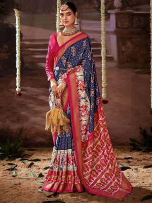 ANOUK Printed Pochampally Tussar Silk Saree(Dark Blue)