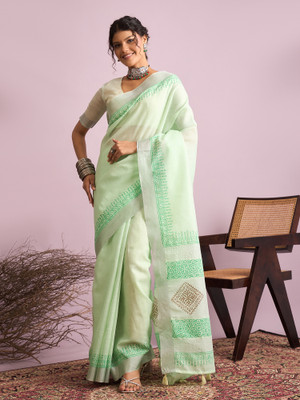 Sareemall Printed Tant Linen Saree(Light Blue)