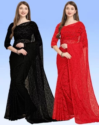 Vragi Woven Bollywood Net Saree(Pack of 2, Black, Red)