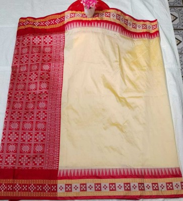 Cirkirow Solid/Plain, Temple Border Sambalpuri Art Silk Saree(Cream)