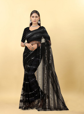 LADY SHOPI Embellished, Self Design Bollywood Georgette Saree(Black, Grey)