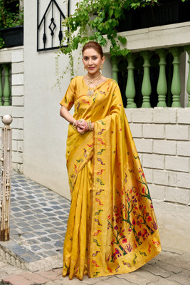 LeeliPeeri Designer Printed Paithani Cotton Silk Saree(Yellow)