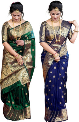 HouseOfCommon Woven Paithani Pure Silk Saree(Pack of 2, Dark Green, Dark Blue)