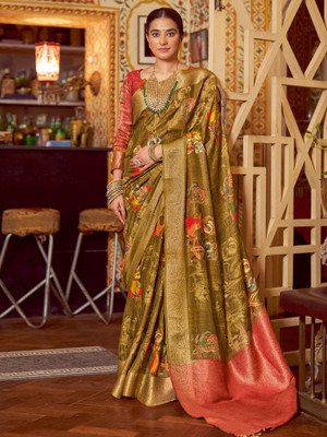Sareemall Digital Print Chinnalapattu Cotton Blend Saree(Light Green)