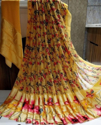Hensi sarees shop Printed Mangalagiri Lycra Blend, Chiffon Saree(Pack of 2, Yellow)