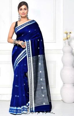 matri textile Woven Handloom Pure Cotton Saree(Blue)